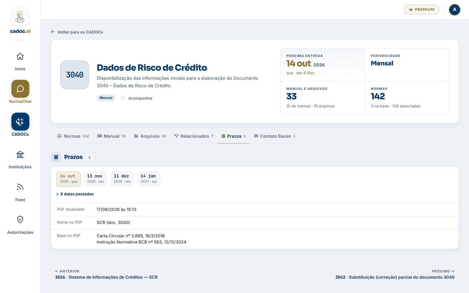 Aba de prazos do CADOC 3040