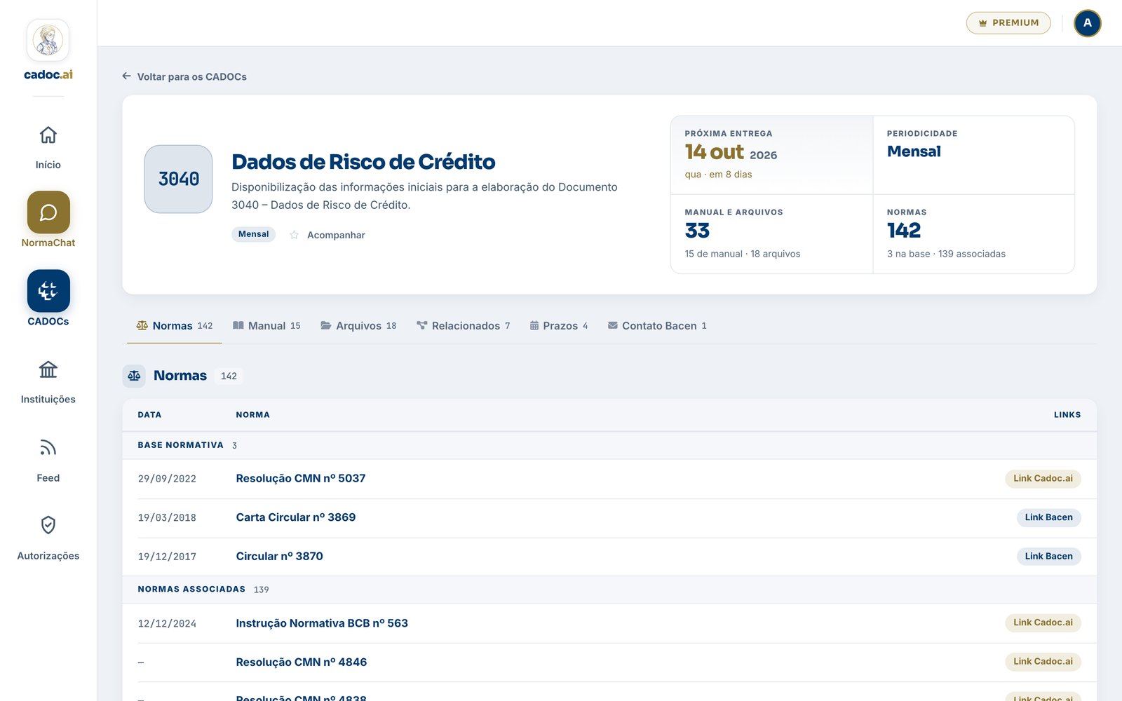 Página do CADOC 3040 no Norma App: próxima entrega, periodicidade, arquivos e normas